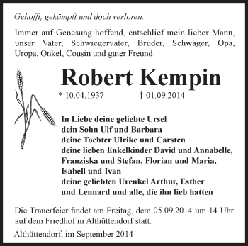 Traueranzeige von Robert Kempin von Märkische Oderzeitung