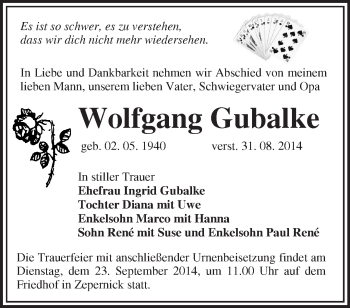 Traueranzeige von Wolfgang Gubalke von Märkische Oderzeitung