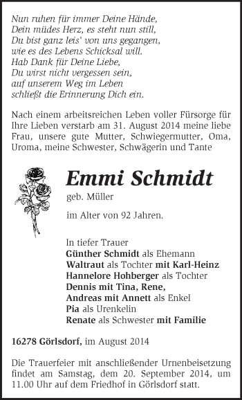 Traueranzeige von Emmi Schmidt von Märkische Oderzeitung