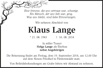 Traueranzeige von Klaus Lange von Märkische Oderzeitung
