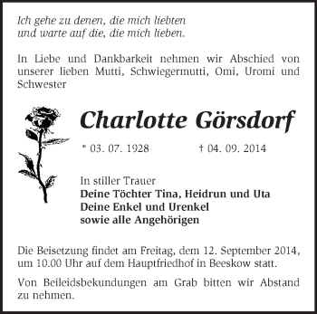 Traueranzeige von Charlotte Görsdorf von Märkische Oderzeitung