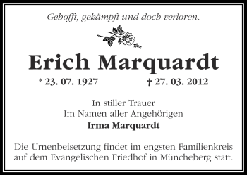 Traueranzeige von Erich Marquardt von Märkische Oderzeitung