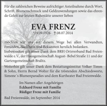 Traueranzeige von Eva Frenz von Märkische Oderzeitung