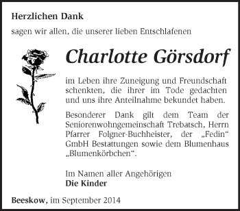 Traueranzeige von Charlotte Görsdorf von Märkische Oderzeitung