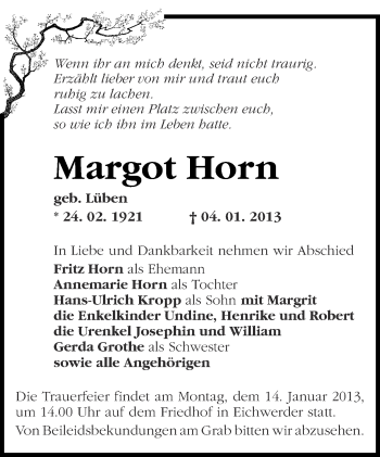 Traueranzeige von Margot Horn von Märkische Oderzeitung