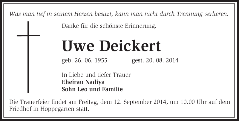  Traueranzeige für Uwe  Deickert vom 10.09.2014 aus Märkische Oderzeitung