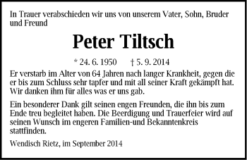 Traueranzeige von Peter Tiltsch von Märkische Oderzeitung