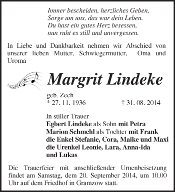 Traueranzeige von Margrit Lindeke von Märkische Oderzeitung