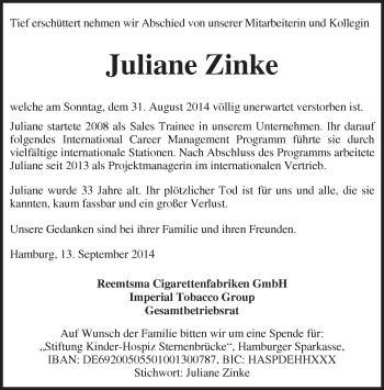 Traueranzeige von Juliane Zinke von Märkische Oderzeitung