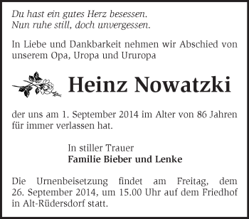 Traueranzeige von Heinz Nowatzki von Märkische Oderzeitung