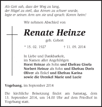 Traueranzeige von Renate Heinze von Märkische Oderzeitung