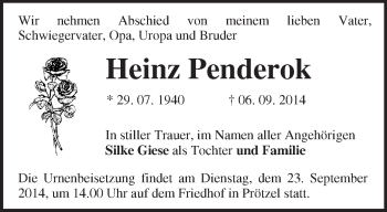 Traueranzeige von Heinz Penderok von Märkische Oderzeitung