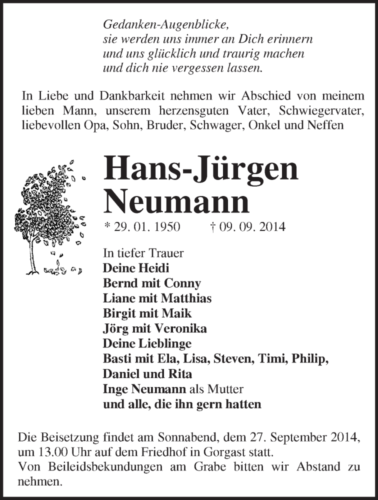  Traueranzeige für Hans-Jürgen Neumann vom 20.09.2014 aus Märkische Oderzeitung