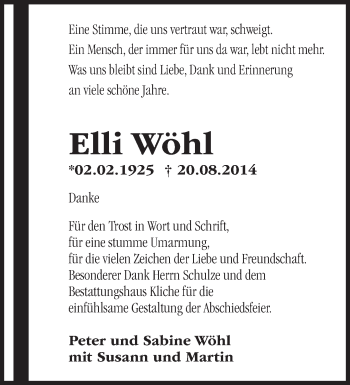 Traueranzeige von Elli Wöhl von Märkische Oderzeitung