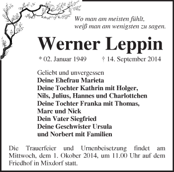 Traueranzeige von Werner Leppin von Märkische Oderzeitung