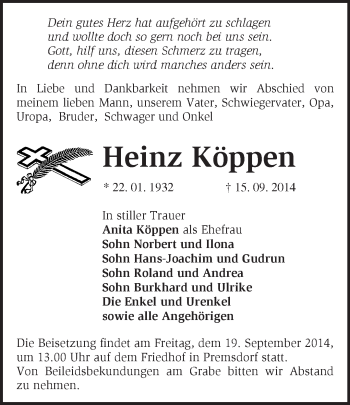 Traueranzeige von Heinz Köppen von Märkische Oderzeitung