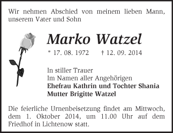 Traueranzeige von Marco Watzel von Märkische Oderzeitung