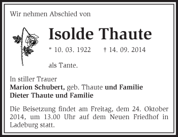 Traueranzeige von Isolde Thaute von Märkische Oderzeitung