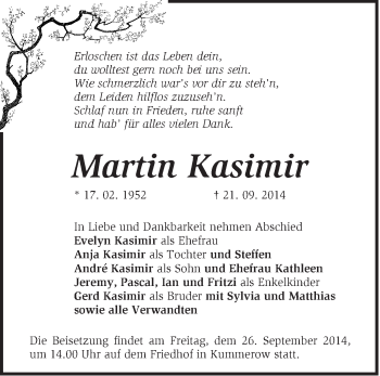 Traueranzeige von Martin Kasimir von Märkische Oderzeitung