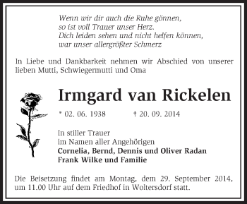 Traueranzeige von Irmgard van Rickelen von Märkische Oderzeitung