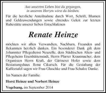 Traueranzeige von Renate Heinze von Märkische Oderzeitung