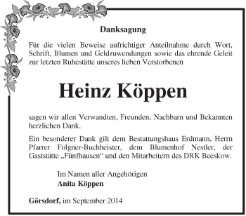 Traueranzeige von Heinz Köppen von Märkische Oderzeitung