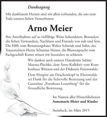 Traueranzeige von Arno Meier von Märkische Oderzeitung