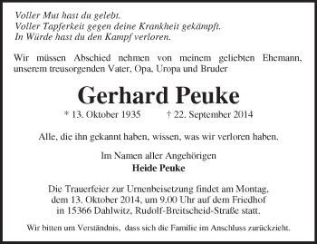 Traueranzeige von Gerhard Peuke von Märkische Oderzeitung