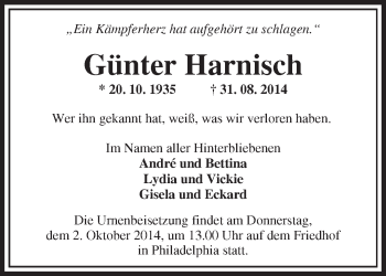 Traueranzeige von Günter Harnisch von Märkische Oderzeitung