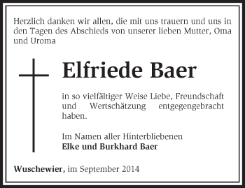 Traueranzeige von Elfriede Baer von Märkische Oderzeitung