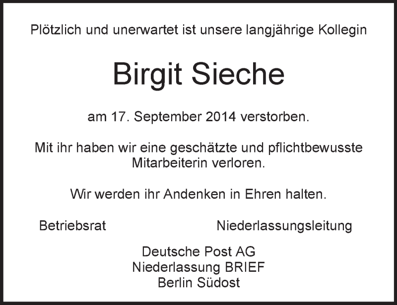  Traueranzeige für Birgit Sieche vom 27.09.2014 aus Märkische Oderzeitung