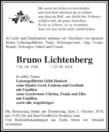 Traueranzeige von Bruno Lichtenberg von Märkische Oderzeitung