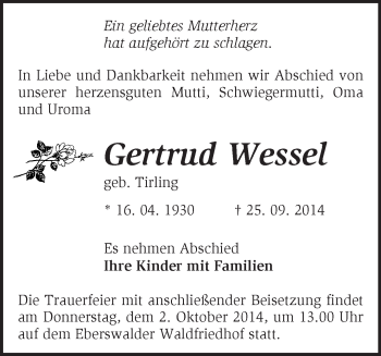 Traueranzeige von Gertrud Wessel von Märkische Oderzeitung