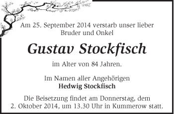 Traueranzeige von Gustav Stockfisch von Märkische Oderzeitung