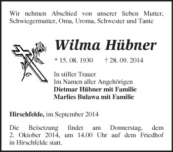 Traueranzeige von Wilma Hübner von Märkische Oderzeitung