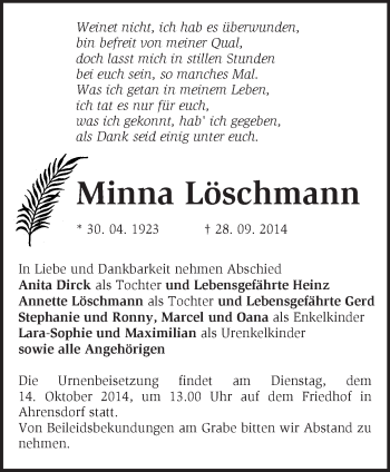 Traueranzeige von Minna Löschmann von Märkische Oderzeitung