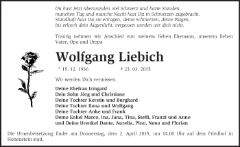 Traueranzeige von Wolfgang Liebich von Märkische Oderzeitung