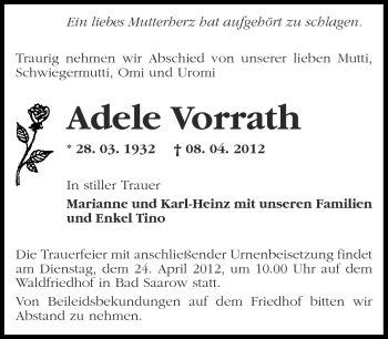 Traueranzeige von Adele Vorrath von Märkische Oderzeitung