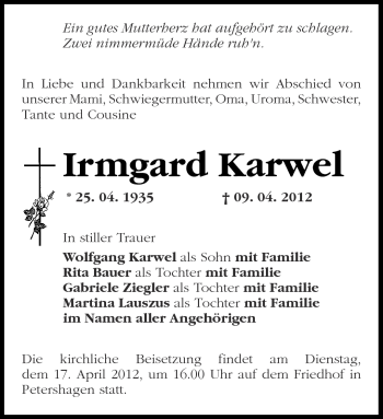 Traueranzeige von Irmgard Karwel von Märkische Oderzeitung