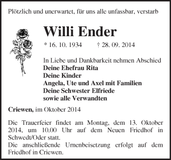 Traueranzeige von Willi Ender von Märkische Oderzeitung