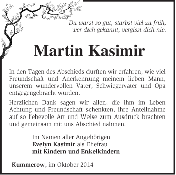 Traueranzeige von Martin Kasimir von Märkische Oderzeitung