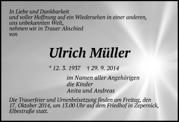 Traueranzeige von Ulrich Müller von Märkische Oderzeitung