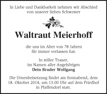 Traueranzeige von Waltraut Meierhoff von Märkische Oderzeitung