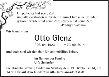 Traueranzeige von Otto Glenz von Märkische Oderzeitung