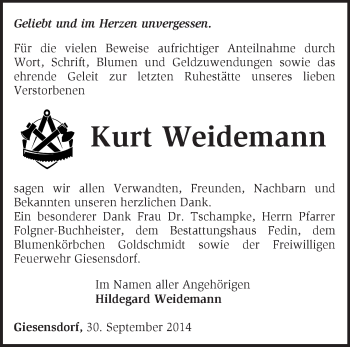 Traueranzeige von Kurt Weidemann von Märkische Oderzeitung