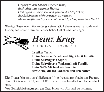 Traueranzeige von Heinz Krug von Märkische Oderzeitung