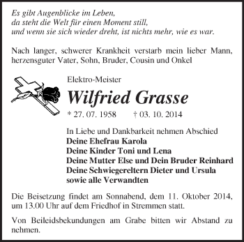 Traueranzeige von Wilfried Grasse von Märkische Oderzeitung