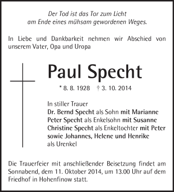 Traueranzeige von Paul Specht von Märkische Oderzeitung