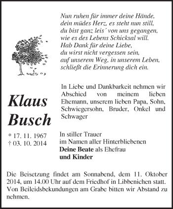 Traueranzeige von Klaus Busch von Märkische Oderzeitung