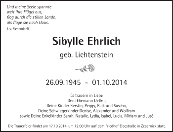 Traueranzeige von Sibylle Ehrlich von Märkische Oderzeitung